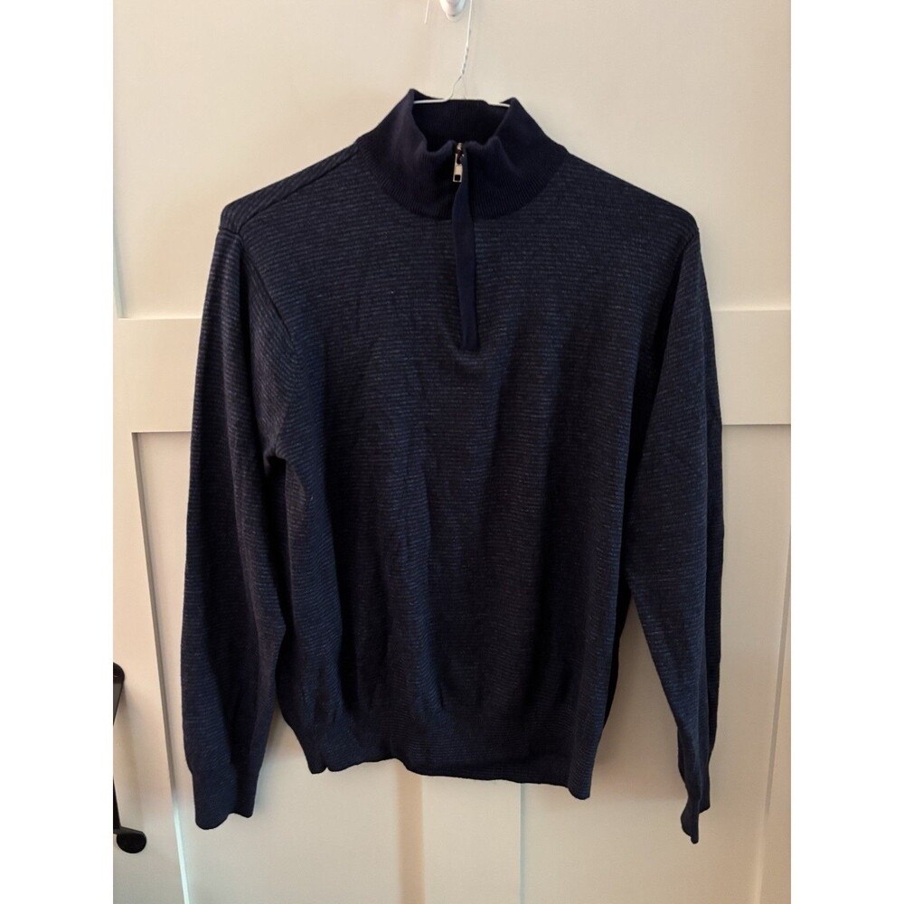 Perry Ellis Mens Quarter Zip Sweater Medium Blue Cotton Rayon Pullover Mock Neck